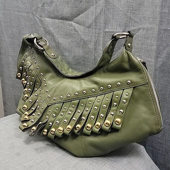 B. Makowsky Olive Green Fringed & Studded Metallic Leather Hobo Shoulder Bag - Picture 3 of 10